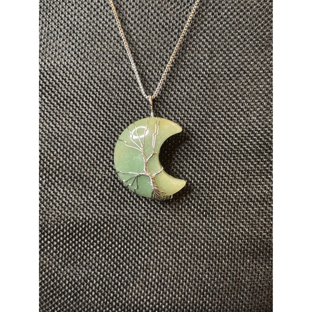 Green Aventurine Tree of Life Crescent Moon Necklace Stainless Steel Chain